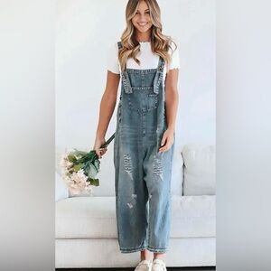 Women’s Distressed Denim Overalls - Blue
